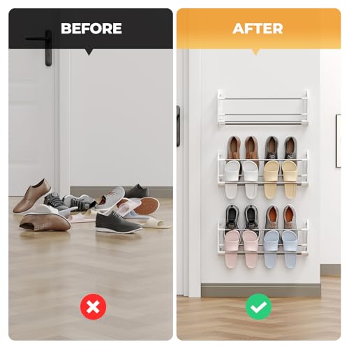 Hanging Shoe Rack,3 Pack Wall Mounted Shoe Rack with Adhesive Slim Shoe Shelf Hanging Organizer Holds 12 Pairs of Shoes Space Saving for RV Camper Entryway White