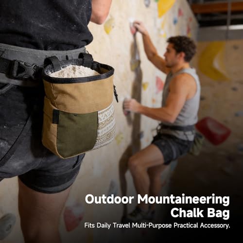 RiToEasysports Chalk Bag, Large Capacity Mountaineering with Trapezoidal Bottom Holds with Dual Hanging Points for Outdoor Sports - size: Small Khaki
