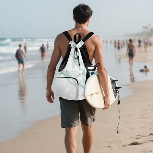 Drawstring Climbing Gym Bag With Inside Pockets Drawstring Bags with Wet Dry Compartments Light Green Luxury Marble Texture