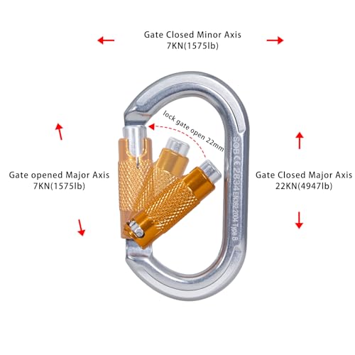 Auto Locking Rock Climbing Carabiner Clips, Heavy Duty Asymmetrical Carabiner Connector Used for Rappelling Rescue Outdoor Climbing, Mountaineer, Hammock, Camping - color: 22KN（3pack）