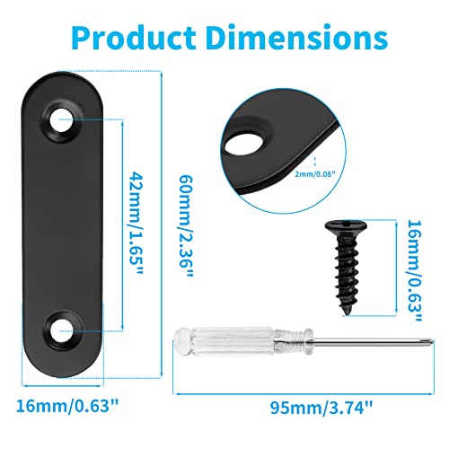 Biaungdo 2.36" Stainless Steel Flat Plate Straight Bracket, Black,20 Sets | Metal Corner Brace Brackets, Mending Repair Plate Brace, With Screws & Screwdriver, For Wood (60mm x 16mm x 2mm) - size: 60x16x2.0mm