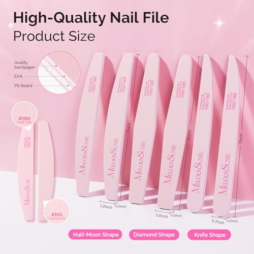 MelodySusie 6Pcs Nail Files 100/180 Grit Emery Boards Set Pink | Double Sided, Acrylic Gel Natural Nails, Professional Manicure Pedicure Shaping Tools, Home and Salon Care - size: 6Pcs Mix Shape