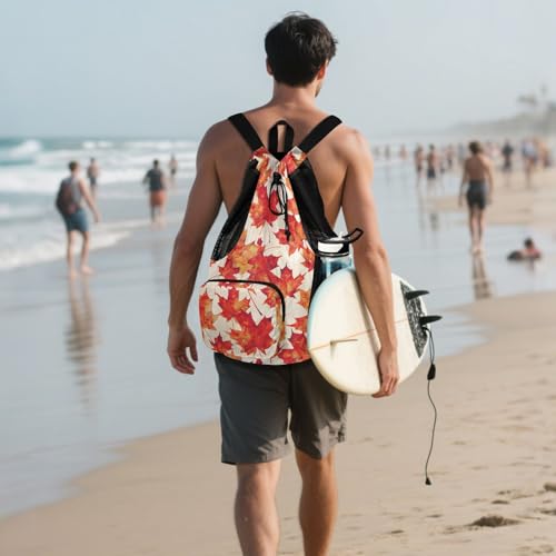 Drawstring Bags Climbing Gym Bag With Pockets Pull String Back Pack Waterproof Maple Leaf