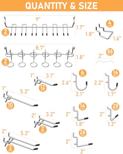 INCLY 206PCS Heavy Duty 1/4" Pegboard Hooks Set for Hanging Tools | Peg Board Hooks & Hangers, Only Fit 1/4 Inch Pegboard, Peg Board Accessories, For Garage Organizing - size: 1/4 Inch