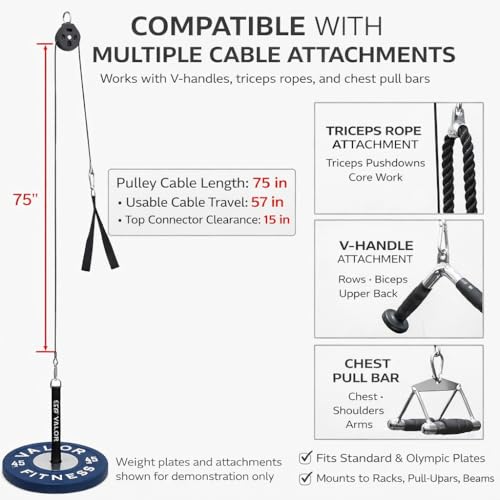 Valor Fitness Portable LAT Pulldown Machine – Standalone or Bundle with Tricep Rope, V-Bar & Triangle Handle for Strength Training & Home Gym