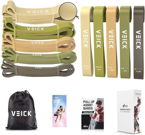 VEICK Pull Up Assist Resistance Bands for Home Gym | 100% Natural Latex, Non Slip Leather Texture, Space Saving, Versatile for Full Body Training, Home Gym - color: Green Set + 5 Loop Bands