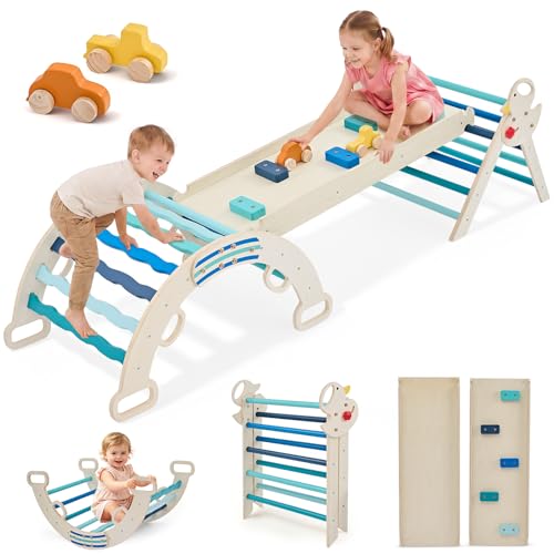 Pikler Triangle Set, 9-in-1 Foldable Montessori Climbing Toys for Toddlers, Wooden Indoor Playground with Climbing Arch, Reversible Ramp, Ladder, Toy Cars and Blocks, Blue - color: Blue