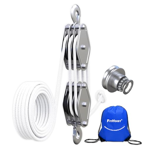 Block and Tackle 1100 lbs, 2200 LBS Breaking Strength Heavy Duty Pulley, 50 Ft 3/8" Rope Pulley, 5:1 Lifting Power Pulley System, Pulley Hoist for Animal Husbandry, Warehouses, Constructions - color: WHITE
