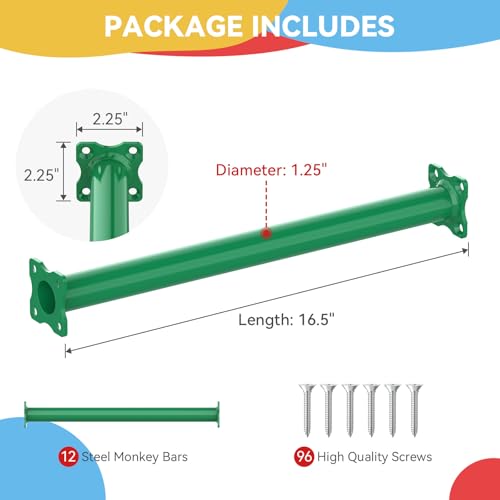 16.5 Inch Monkey Bars Kit Monkey Bar Ladder Rungs (Green, 12 Pcs) | Indoor Outdoor Metal Monkey Bars for Backyard - color: Green