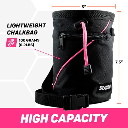 Chalk Bag for Rock Climbing - Rock Climbing Gifts Gear Accessories - Quick-Clip Belt, Large Zippered Pockets & Brush Holder - Weight Lifting, Gym, Bouldering, Disc Golf, Wall, Rock Climbing Chalk Bag - color: Sukoa Pink