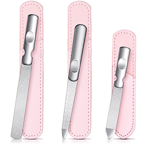 3 Pcs Stainless Steel Nail Files Kit with Leather Case, Double Sided Metal Nail Files with Anti-Slip Handle for Women and Men, Metal File Buffer Manicure Pedicure Tools for Fingernail Toenail(Pink) - color: Pink