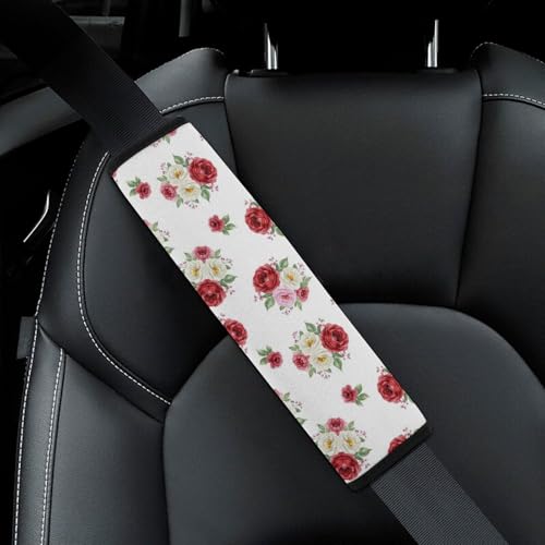 2PCS Soft Padded Car Seat Straps Shoulder Pads for Adult Use, Most Cars, Rose Flowers White Shoulder Protector, Shock Absorption - color: Pattern 396