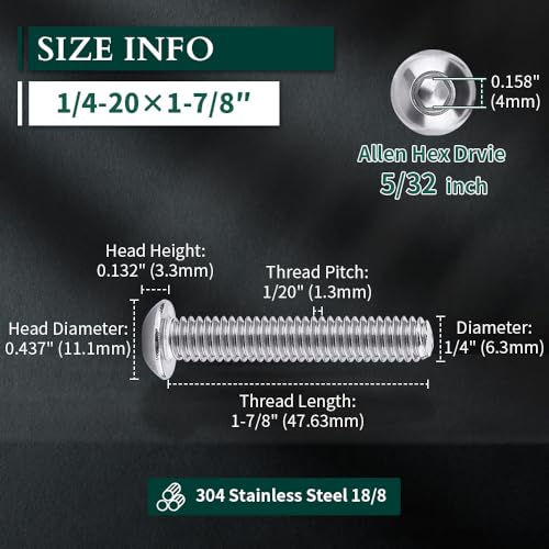 1/4-20 x 1-7/8" Button Head Socket Cap Bolts Screws, 304 Stainless Steel 18-8, Allen Hex Drive, Bright Finish, Fully Machine Thread, Pack of 25 - size: 1/4-20 x 1-7/8