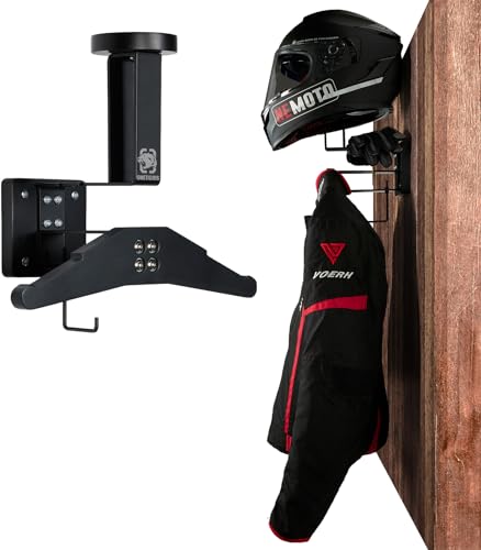 OneTigris Motorcycle Helmet Holder Wall Mount, Tactical Gear Holder with Helmet Stand and Plate Carrier Hanger, Solid Wood Wall Rack Organizer & Display for Police, Football, Cycling Gear - color: Black