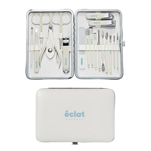 Éclat Manicure Pedicure Kit for Men & Women, 18Pcs Finger & Toe Nail Care Tools Includes Nail Clipper Cutter, Tweezer, File, Cuticle Pusher, Personal Care Professional Grooming Set With Travel Case - color: Large Mani+pedi Set (18pc Cream)