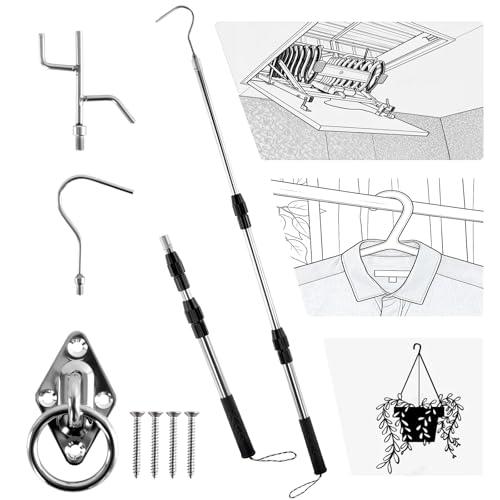 Telescopic Attic Pull Down Hook, 17" to 35" Adjustable Stainless Steel Pull Stick and Stainless Steel Pull Ring, Replacing Old-Fashioned Hanging Ropes on attic Stairs.