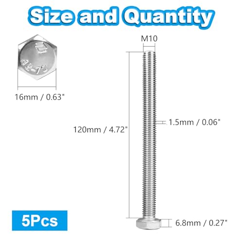 5 Pcs M10 Hex Bolts M10-1.5 x 120mm Hex Head Screw Bolt 304 Stainless Steel M10-1.5mm Hexagon Bolts Hex Head Screws, Metric Machine Fully Thread, Bright Finish - size: M10-1.5 x 120mm