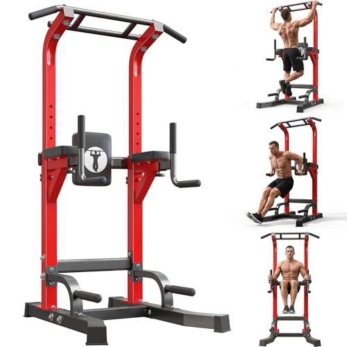 Power Tower Pull Up Bar Dip Station, Free Standing Pull Up Rack Dip Station for Home Gym, 10-Level Adjustable Height Pull Up Bar Stand Dip Bar Strength Training Workout Equipment - color: Red