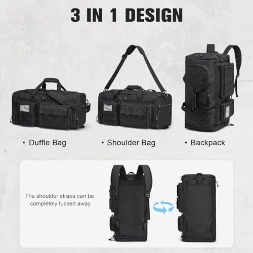 G4Free 3-in-1 Expandable Duffle Bag for Travel Gym, Large Duffel Backpack | 45L to 55L, with Shoes Compartment & Wet Pocket, for Men Women, Black - color: Black