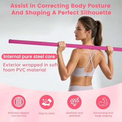 Yoga Stick Sturdy Steel, 5 Ft Adjustable Stretching Stick for Mobility, Flexibility and Balance, Versatile Exercise Stick with Non-Slip Ends and Foam Handles for Fitness, and Posture - color: pink