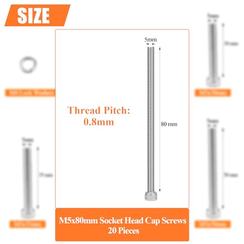 HELIFOUNER 20 Pieces M5 x 80mm, Thread Pitch 0.8mm, 304 Stainless Steel (18-8) Hex Socket Head Cap Screws, Fully Threaded - size: M5 x 80mm