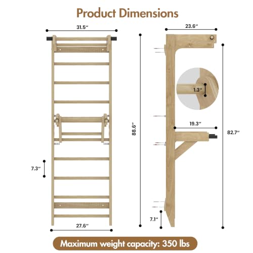 Swedish Ladder Wall Bar with Adjustable Pull-Up Bar | Solid Wood Construction, 10 Pine Rungs, All Ages, for Home, School, Gymnastics Training