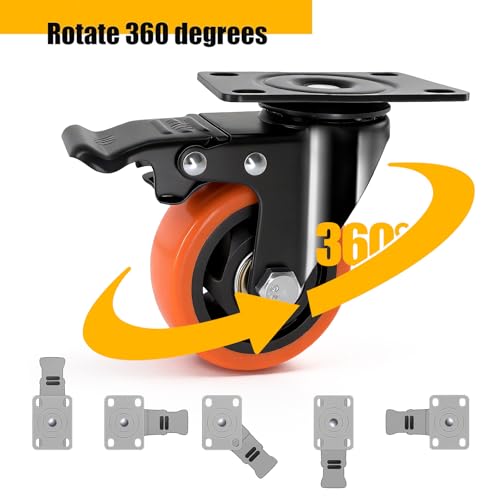 QNCZ Caster Wheels, 3 Inch Heavy Duty Casters Set of 4, Silent Industrial Casters Load 1500lbs, Swivel Casters for Furniture, Workbench and Cart Wheels | Easy to Install, Efficient operation, convenient braking,Silent, Floor friendly,Widely Applied for Ca