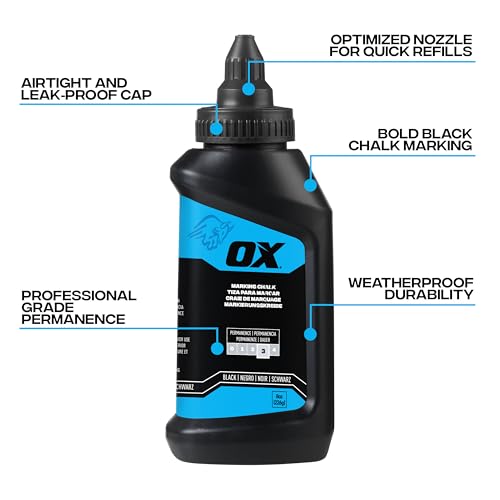 OX Black Chalk Line Powder 8oz - Permanent Chalk Refill | Weather-resistant marking chalk, quick-fill nozzle, quarter-turn cap, 8oz refill for chalk reel, wood, concrete, metal - color: Black - Permanent
