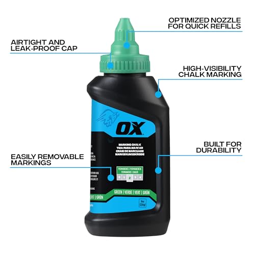 OX Green Chalk Line Powder Refill 8oz - Construction Marking | Weather-resistant, high-flow nozzle, leak-proof cap, multi-surface use, permanent 2 marking - color: Green - Hi-Visibility Green