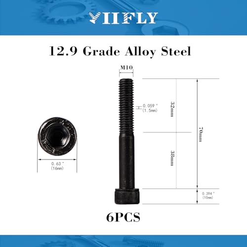 M10-1.5 x 70mm Socket Head Cap Screws, M10x1.5 Bolt, 12.9 Grade Alloy Steel, Allen Socket Drive, Black Oxide Finish, Half Thread, Quantity 6 - size: M10 x 70mm(6PCS)