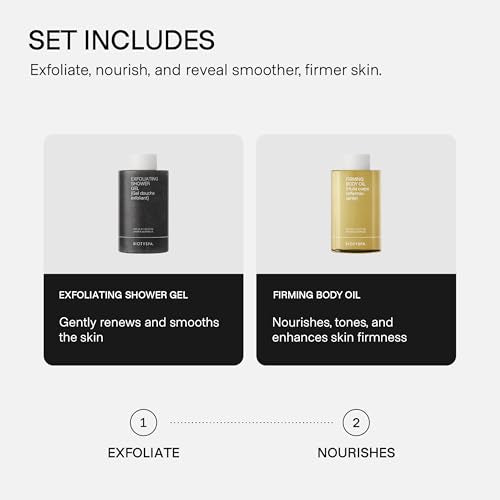biotyspa Spa Essentials - Exfoliating Shower Gel & Firming Body Oil with Coffee Extract & Jojoba - Tones, Renews & Smooths Skin - Organic, Vegan, Made in Australia - 2pc Set, 400ml Each - size: Spa Essentials