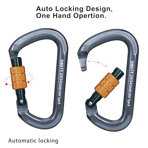 Auto Locking Rock Climbing Carabiner Clips, Heavy Duty Asymmetrical Carabiner Connector Used for Rappelling Rescue Outdoor Climbing, Mountaineer, Hammock, Camping - color: 28KN（2pack）
