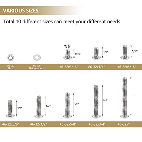 252 Pieces #6-32 x 3/16", 1/4", 5/16", 3/8", 1/2", 5/8", 3/4", 1", Button Head Socket Cap Screws Nuts Washers Assortment Kit, 304 Stainless Steel, Fully Machine Thread - size: #6-32, style: Button Head