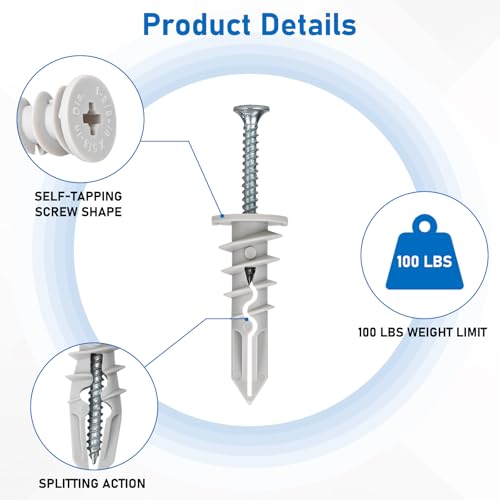 Self Drilling Drywall Anchors, 170PCS Heavy Duty Dry Wall Anchors and Screws Kit for Hanging Sheetrock, 85 Self-Tapping Plastic Drywall Hangers 85 Sheet Rock Screws-95 Lbs - size: 1size-85pcs