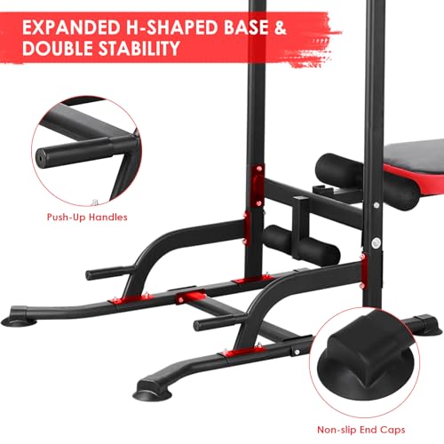 Arlopu Multi-Function Power Tower with Folding Bench 4 Training Ropes | Pull Up Bar Stand with Adjustable Heights and Angles, Heavy-duty Frame, 400LBS Capacity, Home Gym Full-body Strength Training