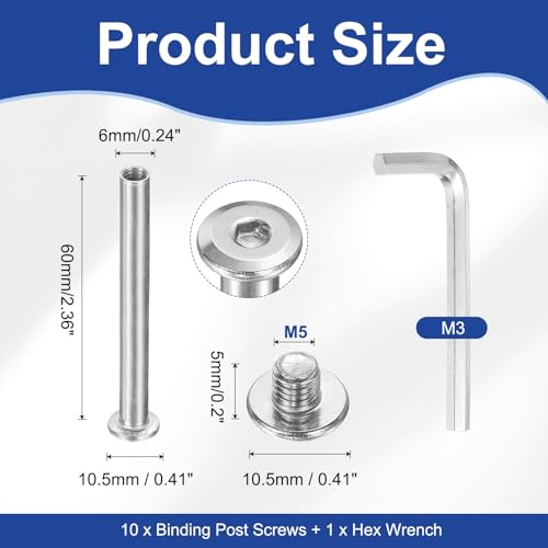 PATIKIL M5x5mm Hex Chicago Screws 6x60mm, 5Pcs 304 Stainless Steel Metric Hex Drive Socket Cap Binding Post Screw Posts for Scrapbook Leather Belt Album Furniture Repair, Silver - size: M5x5mm, 6x60mm