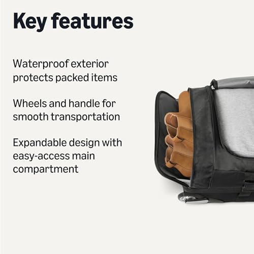 Amazon Essentials Wheeled Rolling Duffel Bag, 30-Inch (76.2 cm) Checked-Size, Expandable, Shoe Compartment, Telescoping Handle, Black - size: 30 inches