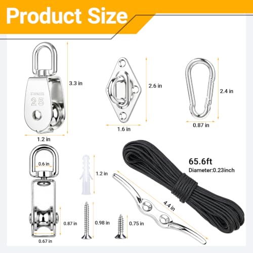 M25 Stainless Steel Pulley System Kit,Pulley Block with Nylon Rope | 2 Pack M25 Heavy Duty Pulleys Wheel with Rope Cleat, Eye Pad Plate and Hooks for Sun Shade Sail, Clothesline | 2 Pack M25 Heavy Duty Pulleys Wheel with Rope Cleat, Eye Pad Plate and Hook
