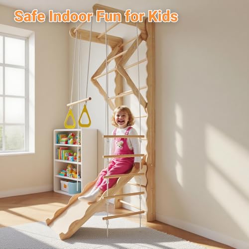 5-in-1 Wooden Indoor Jungle Gym for Kids, Wall-Mounted Swedish Ladder with Pull-Up Bar, Rings, Swing, and Slide – Montessori-Inspired Kids Playset for Fun & Development, Ages 3-8 - size: 5-in-1