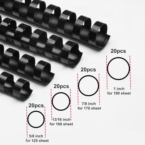 Rayson CR16202225BK Plastic Binding Combs 5/8 in. 13/16in, 7/8in, 1in, 19-Ring Letter Size, Black Comb Binding Spines, Multi-Size Pack of 40 - color: Black, size: Letter size - 5/8in, 13/16in, 7/8in, 1in