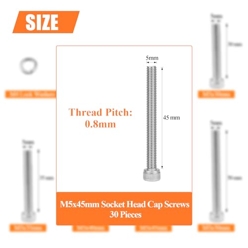 HELIFOUNER 30 Pieces M5 x 45mm, Thread Pitch 0.8mm, 304 Stainless Steel (18-8) Hex Socket Head Cap Screws, Fully Threaded - size: M5 x 45mm