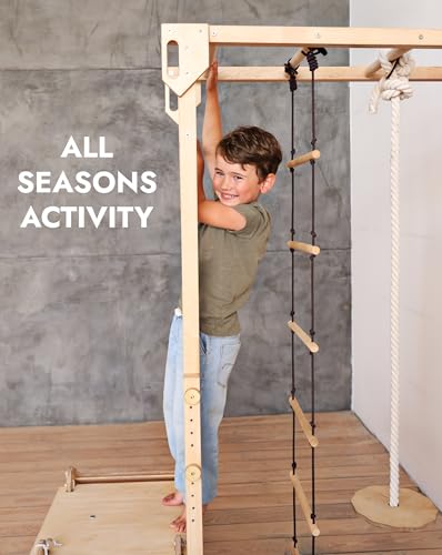 9-in-1 Wooden Indoor Climbing Frame for Children, Montessori-Inspired Climbing Set with Wall Bars, Monkey Bars, Pull-Up Bar, Rings, Swing, Rope Ladder, Climbing Board, Slide & Platform - size: Indoor Play Gym
