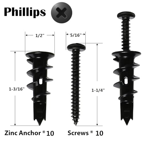20Pcs Black Metal Self-Drilling Wall Anchors and Screws for Drywall | #8 Hollow Drywall Anchors and Screws Kit - 10 Heavy Duty Sheetrock Anchor + 10 1-1/4'' Screws for Hanging/Mounting-Upto 75lbs - size: Black Metal