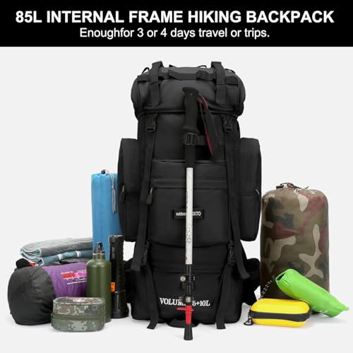 IX INOXTO 85L Lightweight Internal Frame Hiking Backpack for Men Women, Waterproof Travel Camping Backpack with Rain Cover (Black) - color: Black