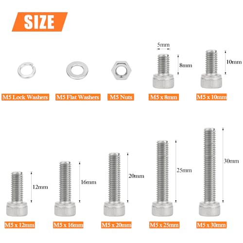 HELIFOUNER 212 Pieces M5 x 8mm /10mm /12mm /16mm /20mm /25mm /30mm, Hex Socket Head Cap Screws Bolts Washers Nuts Kit, 304 Stainless Steel - size: M5 Screw Kit (212 PCS)