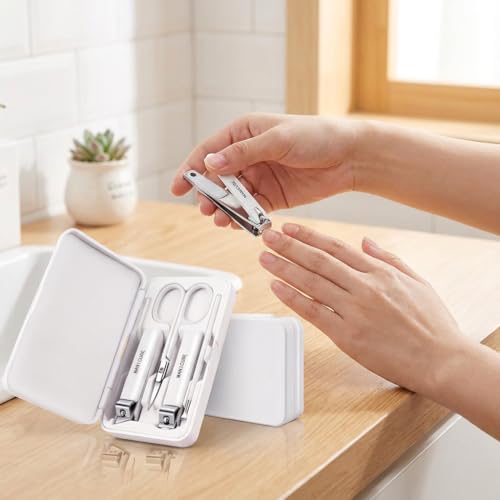 Manicure 5-in-1 Compact Nail Care Kit, Stainless Steel Nail Clippers with Nail File and Scissors, White, Portable Travel Manicure Set