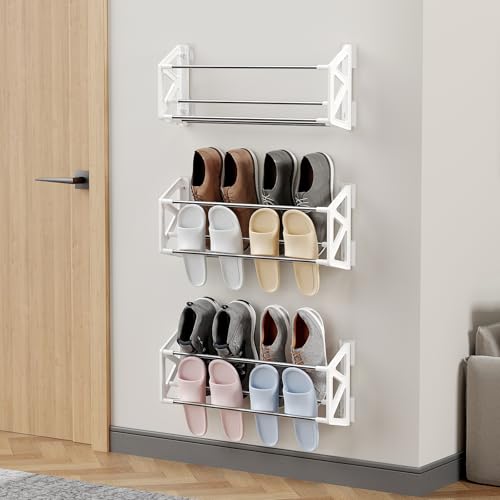Hanging Shoe Rack,3 Pack Wall Mounted Shoe Rack with Adhesive Slim Shoe Shelf Hanging Organizer Holds 12 Pairs of Shoes Space Saving for RV Camper Entryway White