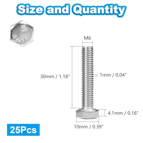 25 Pcs M6 Hex Bolts M6-1.0 x 30mm Hex Head Screw Bolt 304 Stainless Steel M6-1.0mm Hexagon Bolts Hex Head Screws, Metric Machine Fully Thread, Bright Finish - size: M6-1.0 x 30mm