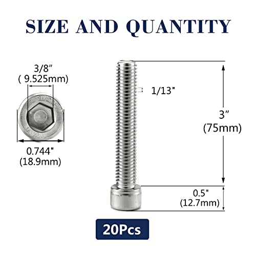 1/2-13 x 3 Socket Head Cap Screws Bolts, 20Pcs 304 Stainless Steel 18-8, Allen Socket Hex Drive, Full Thread, Bright Finish by SG TZH(with Hex Spanner) - size: 1/2-13 x 3"