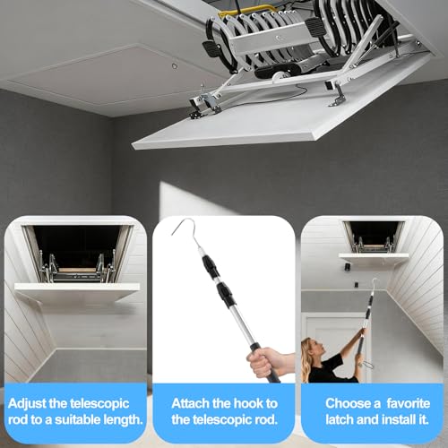 Telescopic Attic Pull Down Hook, 17" to 35" Adjustable Stainless Steel Pull Stick and Stainless Steel Pull Ring, Replacing Old-Fashioned Hanging Ropes on attic Stairs.